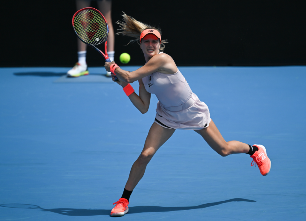 Eugenie Bouchard follows through on a backhand.
