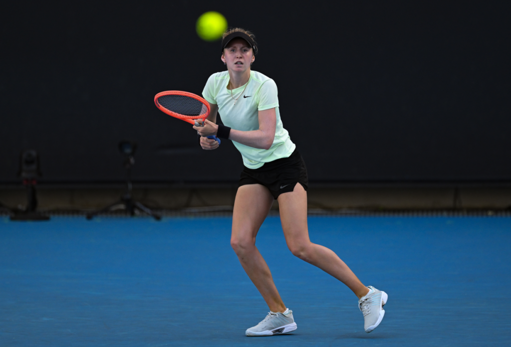 Katherine Sebov anticipates a ball.