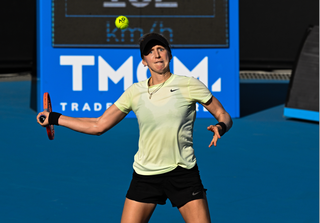 Katherine Sebov keeps her eye on the ball as she prepares to hit a forehand.