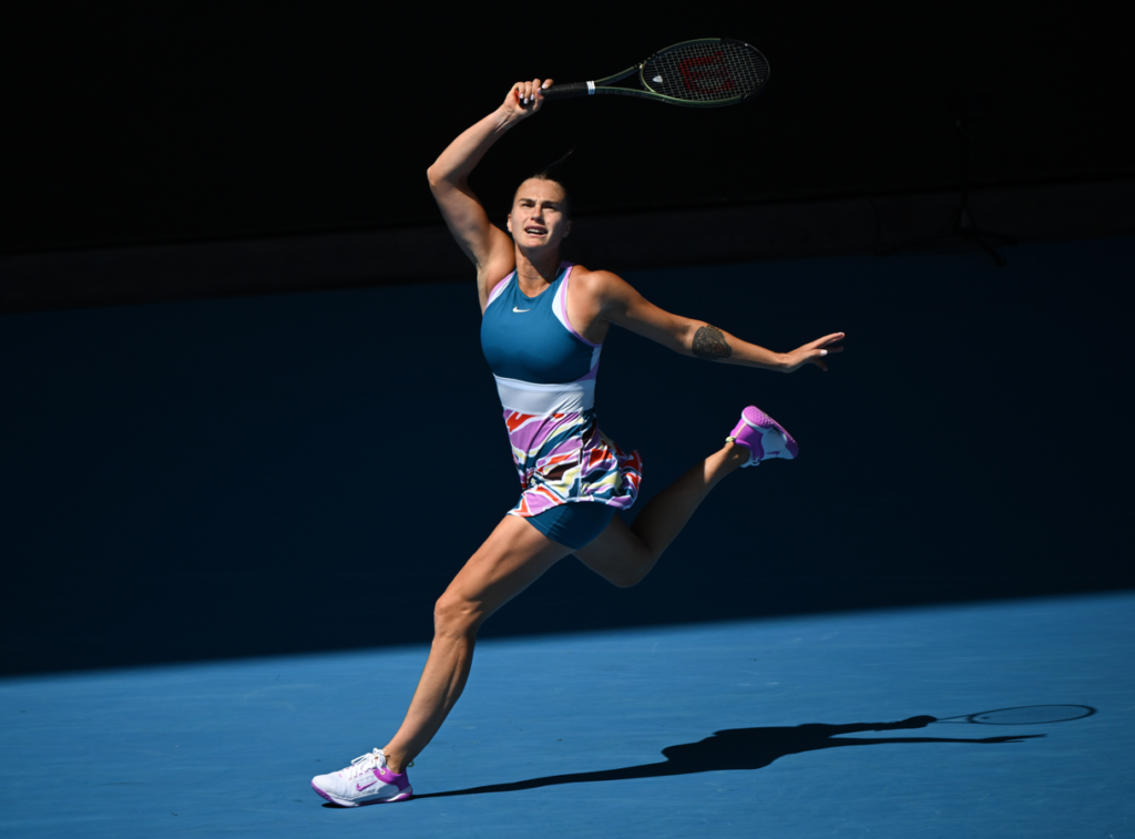 Aryna Sabalenka follows through on a forehand.
